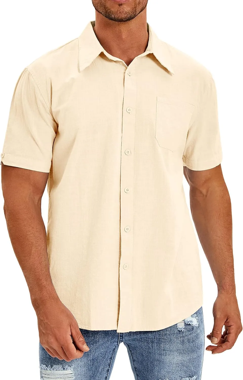 Oyamiki Mens Short Sleeve Regular-Fit Shirt Fishing Tees Linen Casual Button-Down Shirts