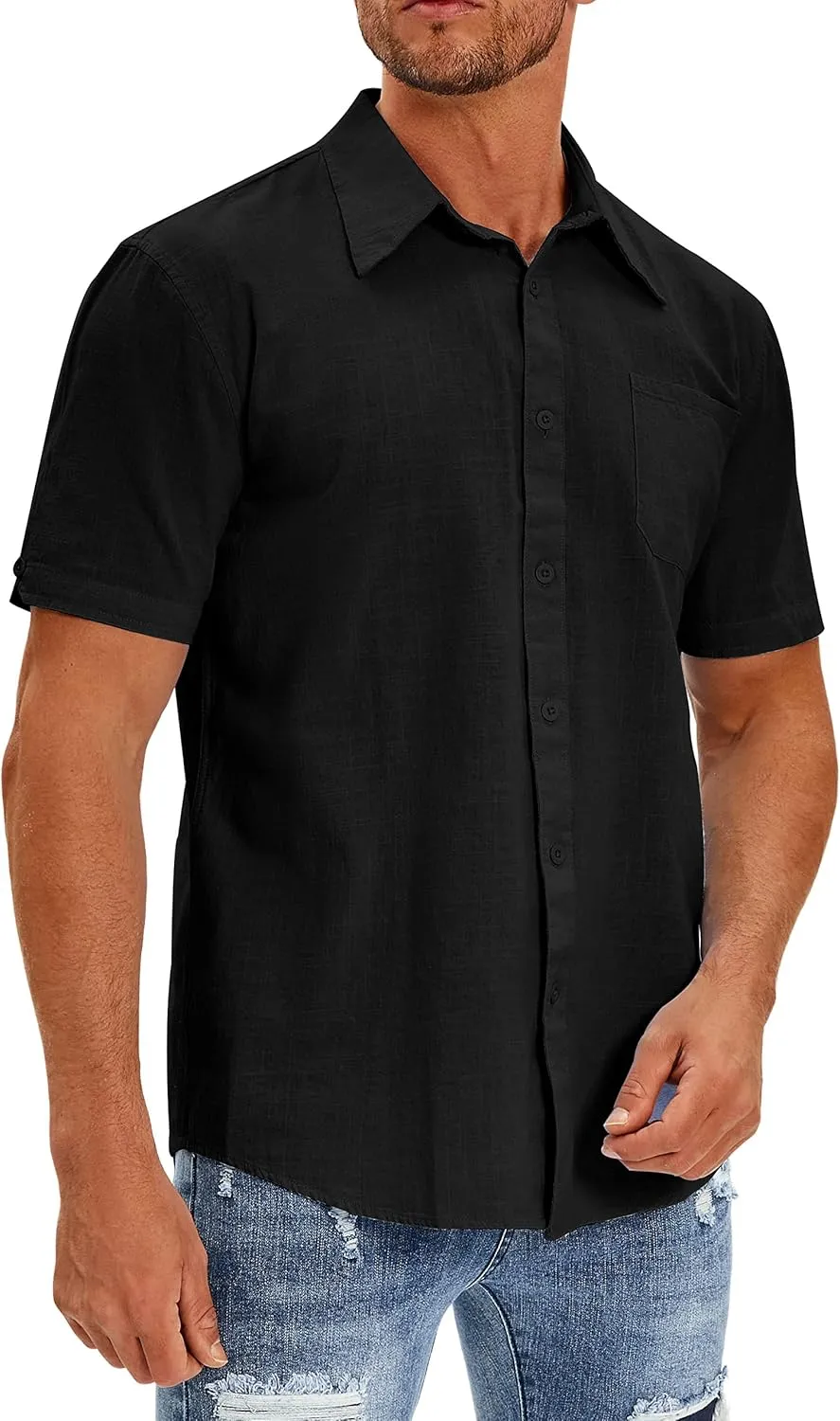 Oyamiki Mens Short Sleeve Regular-Fit Shirt Fishing Tees Linen Casual Button-Down Shirts