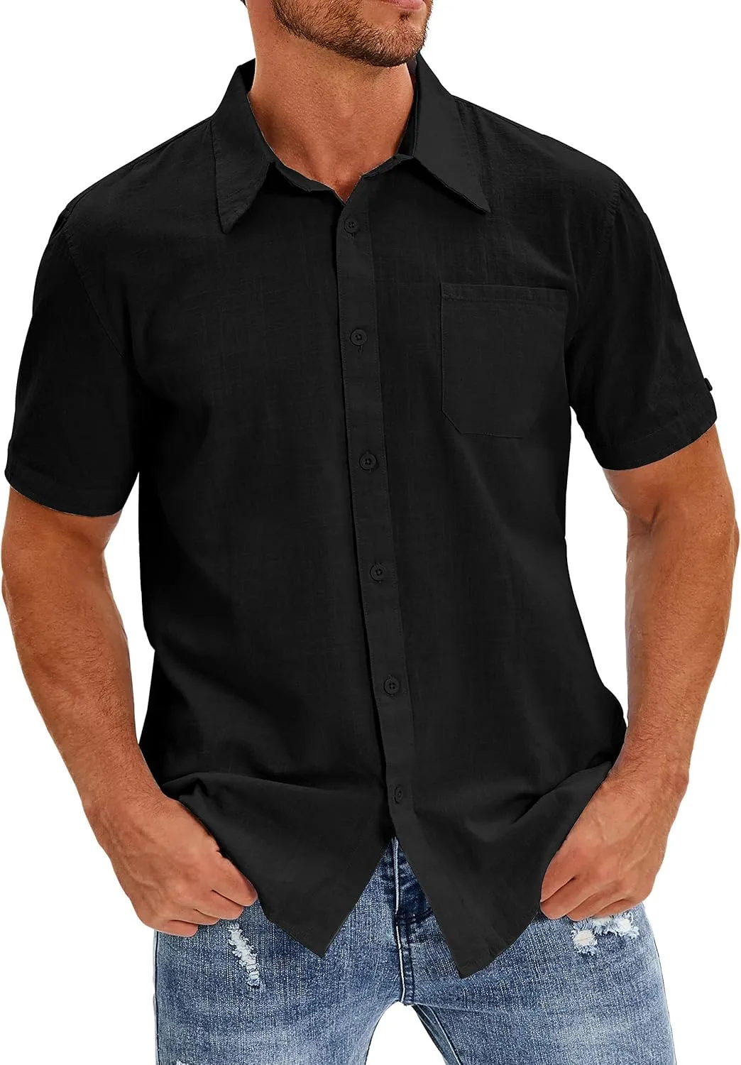 Oyamiki Mens Short Sleeve Regular-Fit Shirt Fishing Tees Linen Casual Button-Down Shirts