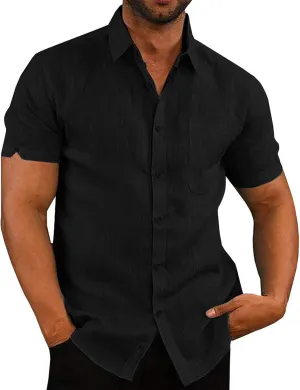 Oyamiki Mens Short Sleeve Regular-Fit Shirt Fishing Tees Linen Casual Button-Down Shirts