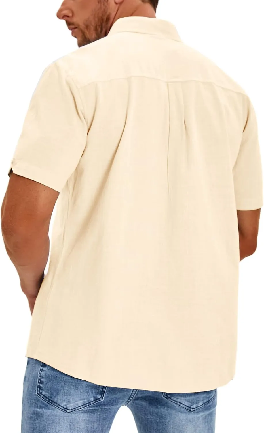 Oyamiki Mens Short Sleeve Regular-Fit Shirt Fishing Tees Linen Casual Button-Down Shirts
