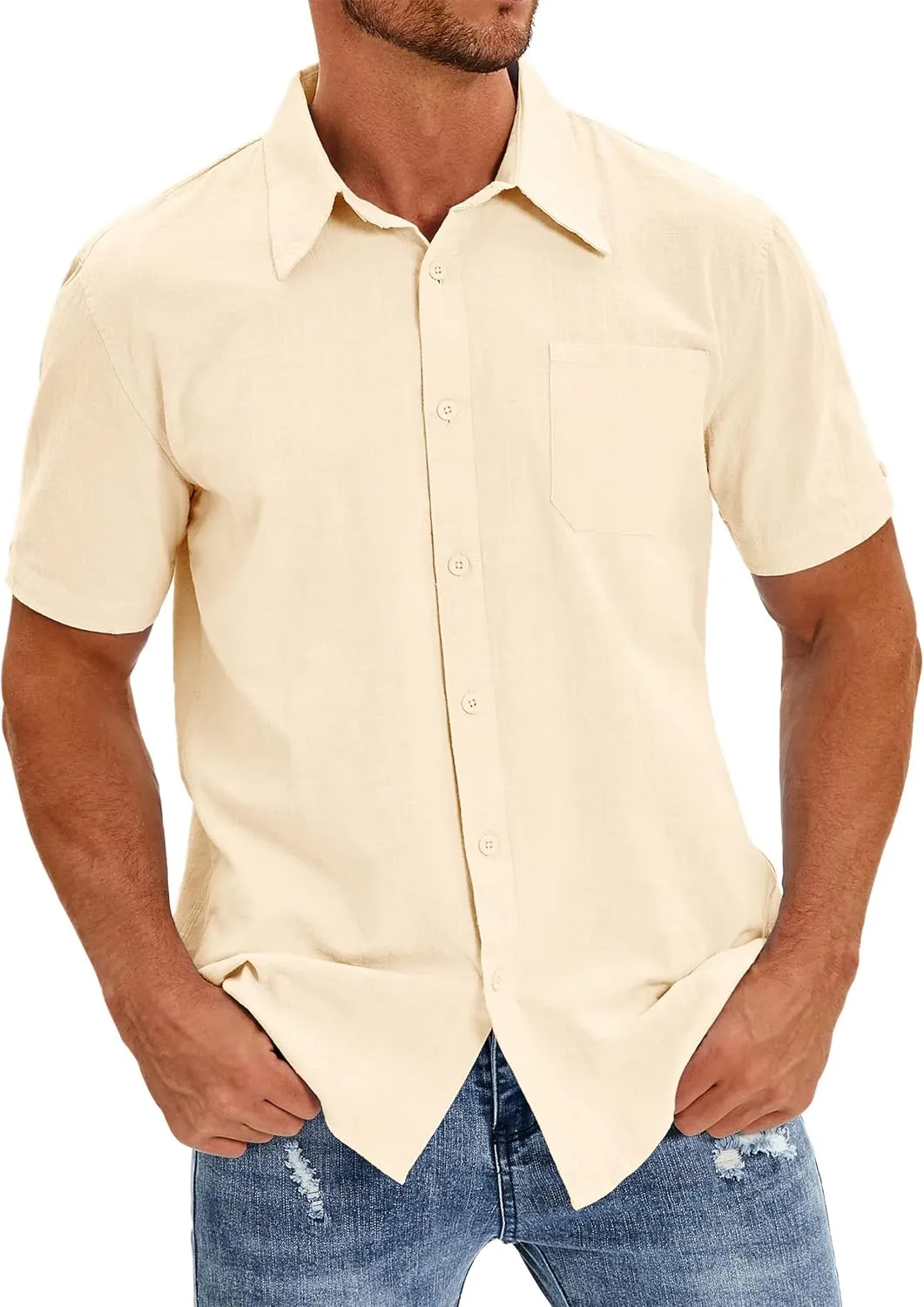 Oyamiki Mens Short Sleeve Regular-Fit Shirt Fishing Tees Linen Casual Button-Down Shirts