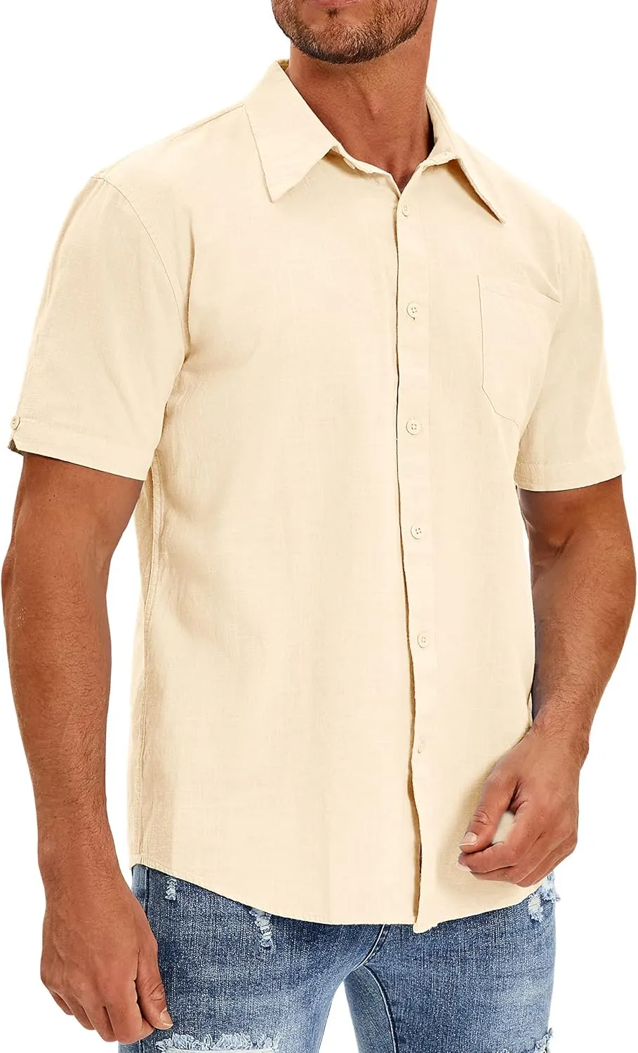 Oyamiki Mens Short Sleeve Regular-Fit Shirt Fishing Tees Linen Casual Button-Down Shirts