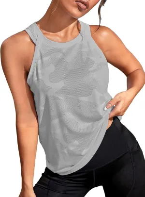 OYOANGLE Women's Camo Print Sleeveless Workout Shirts Exercise Running Tank Tops Active Gym Tops
