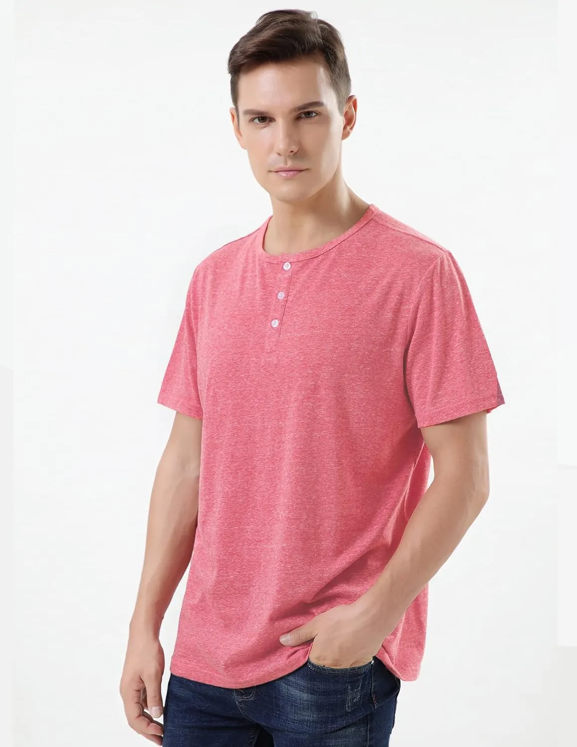 Pink Shirt Men Cotton Blend Short Sleeve Tshirt, Slim Fit Premium Casual Tees