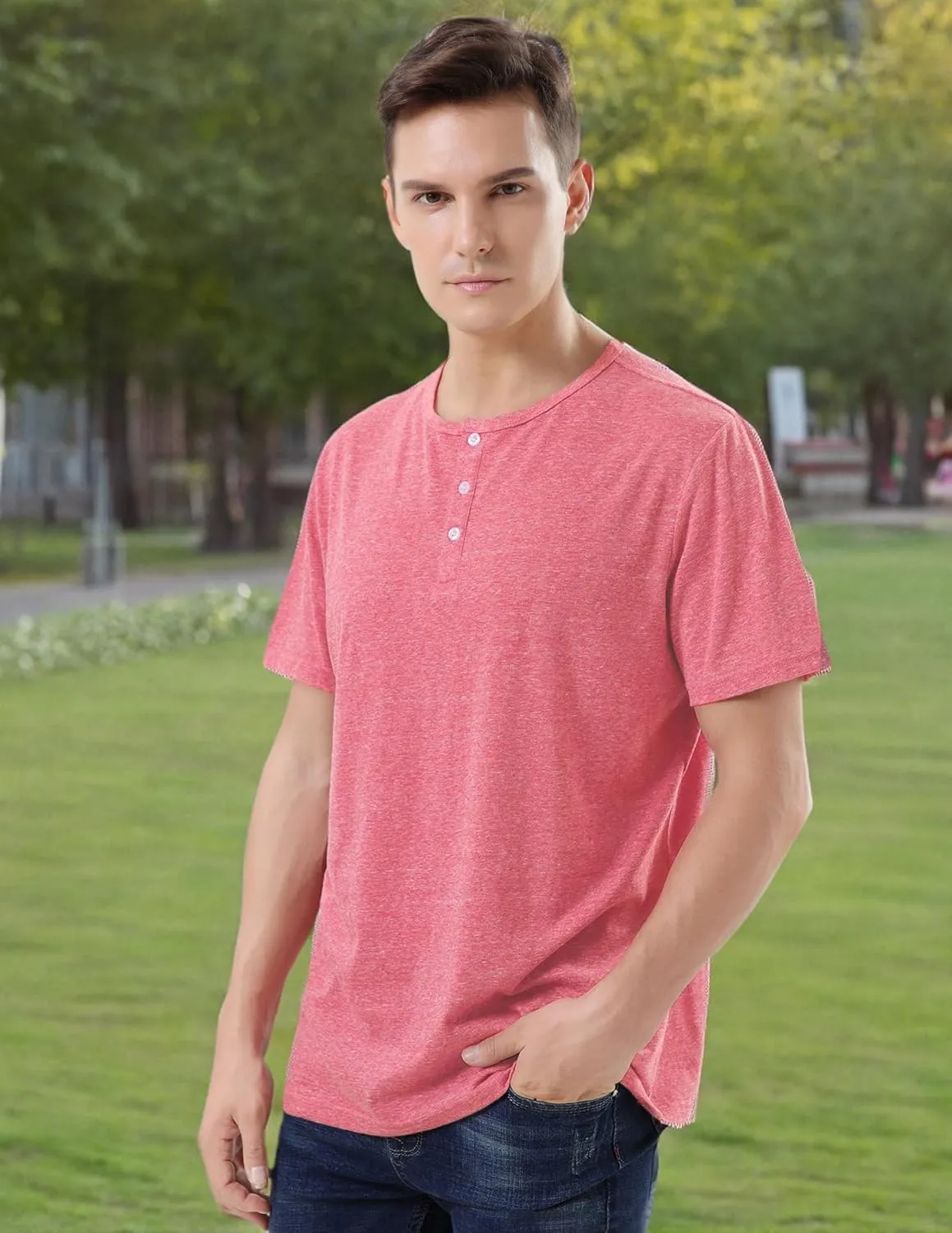 Pink Shirt Men Cotton Blend Short Sleeve Tshirt, Slim Fit Premium Casual Tees