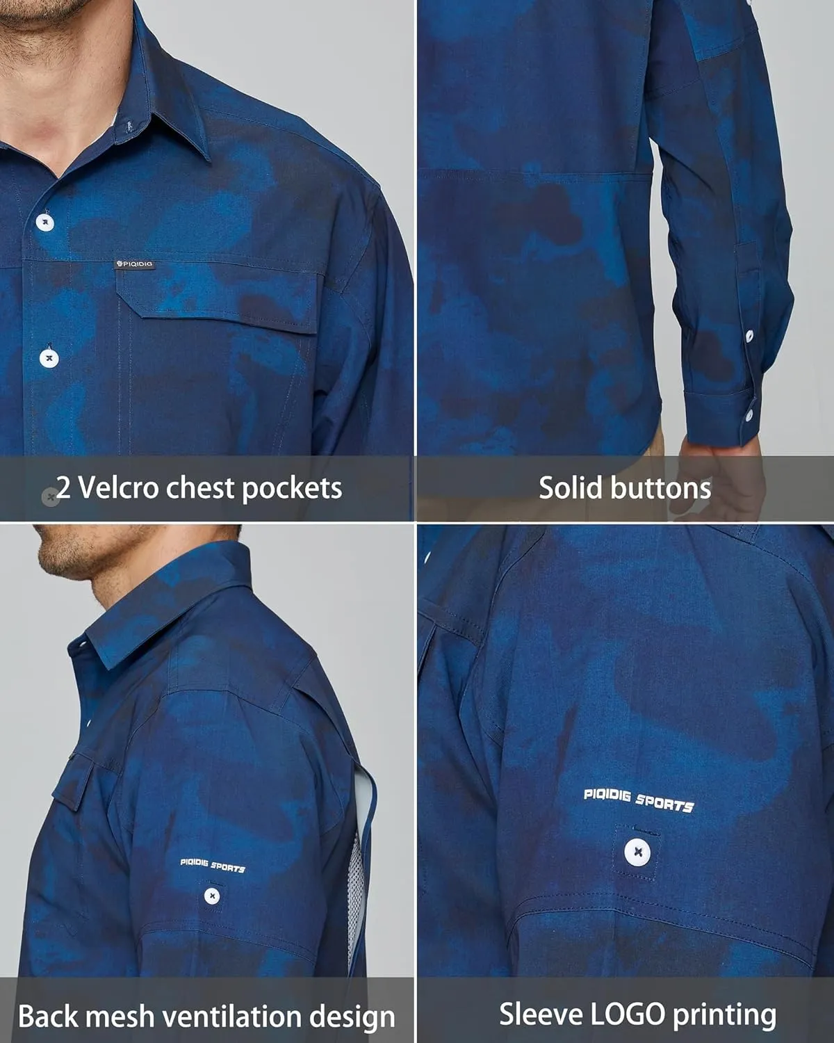 PIQIDIG Men's Long Sleeve Sun Protection Shirts UPF 50  Quick Dry Button Down Shirts Hiking Fishing Camping Travel Work