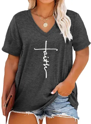 Plus Size Faith Shirts Womens V Neck Tshirt Graphic Tees Christian Short Sleeve Summer Tops