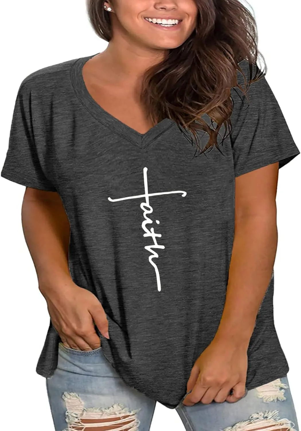 Plus Size Faith Shirts Womens V Neck Tshirt Graphic Tees Christian Short Sleeve Summer Tops