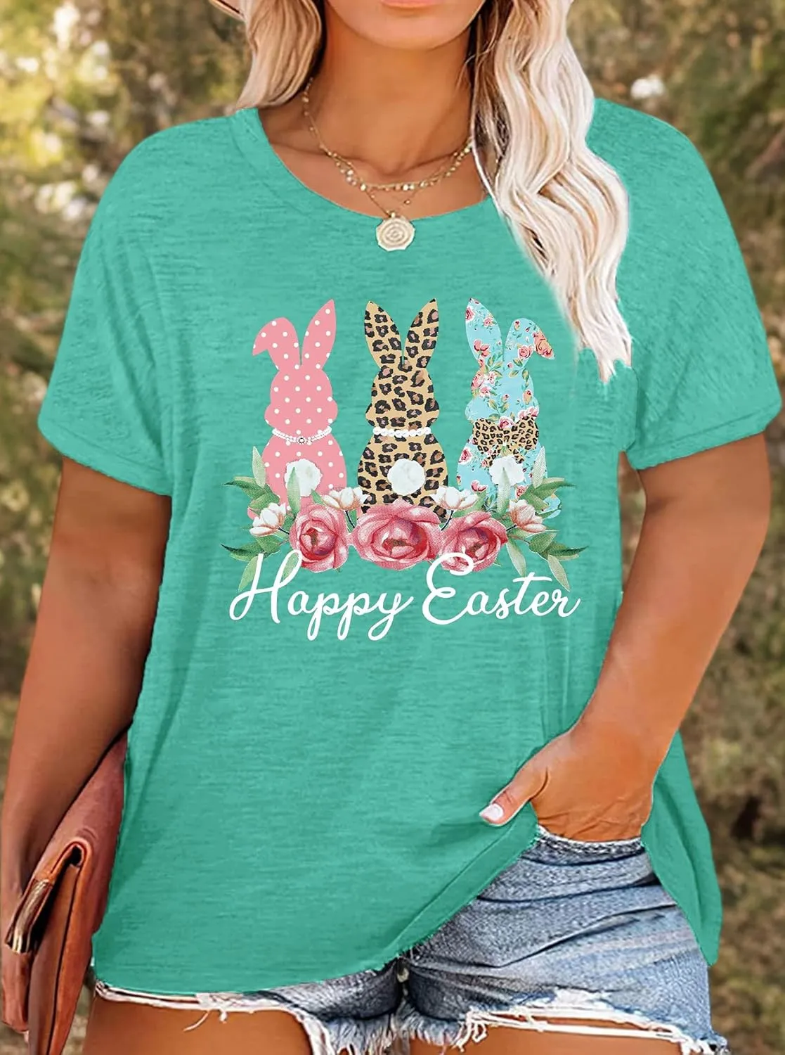 Plus Size Happy Easter Shirt for Women Funny Bunny Rabbit T Shirt Easter Holiday Tops Short Sleeve Tees