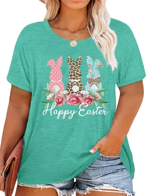 Plus Size Happy Easter Shirt for Women Funny Bunny Rabbit T Shirt Easter Holiday Tops Short Sleeve Tees