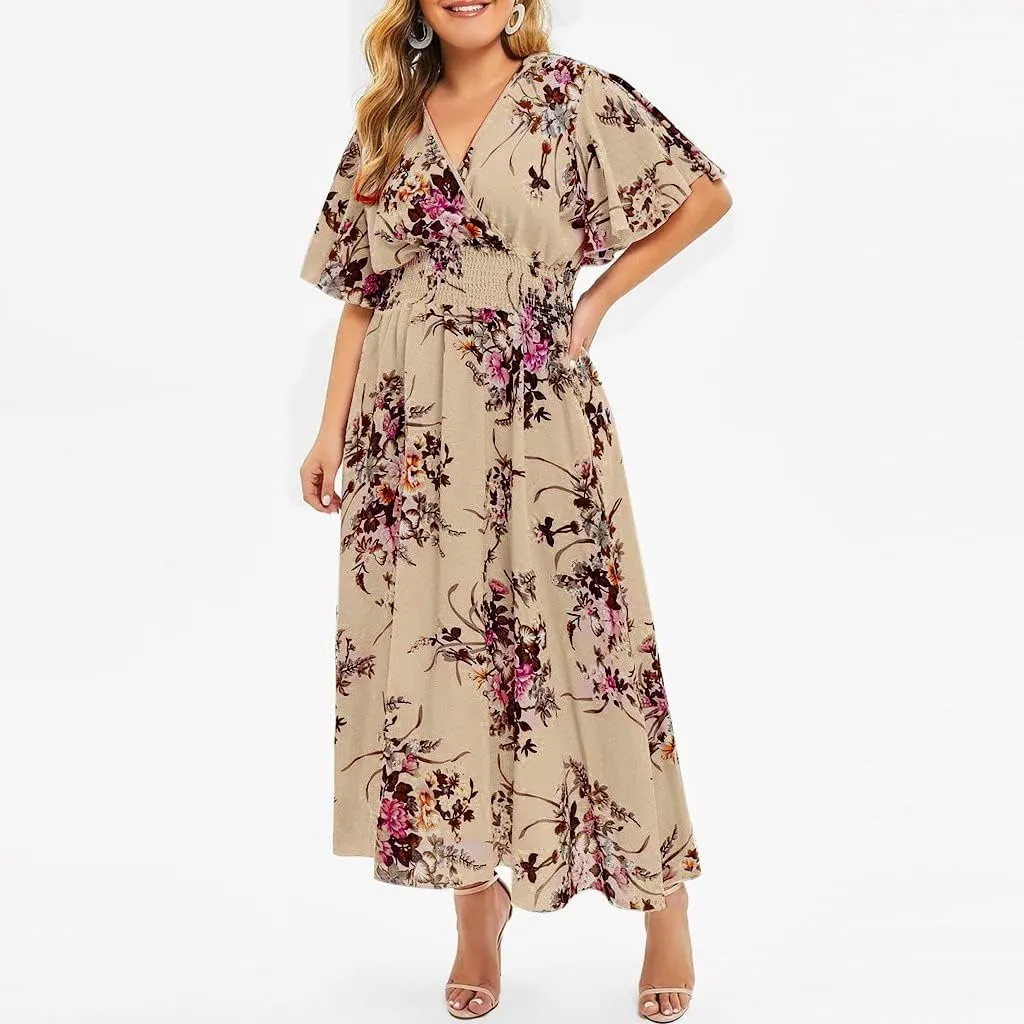 Plus Size Summer Dresses for Curvy Women Maxi Casual Chiffon Dress Flowy Long Boho Sundresses Sexy V Neck Wrap Dress