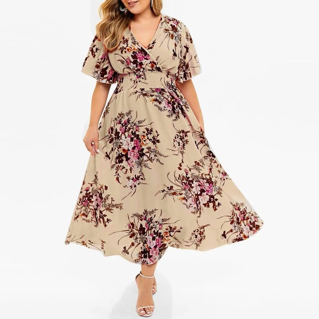 Plus Size Summer Dresses for Curvy Women Maxi Casual Chiffon Dress Flowy Long Boho Sundresses Sexy V Neck Wrap Dress