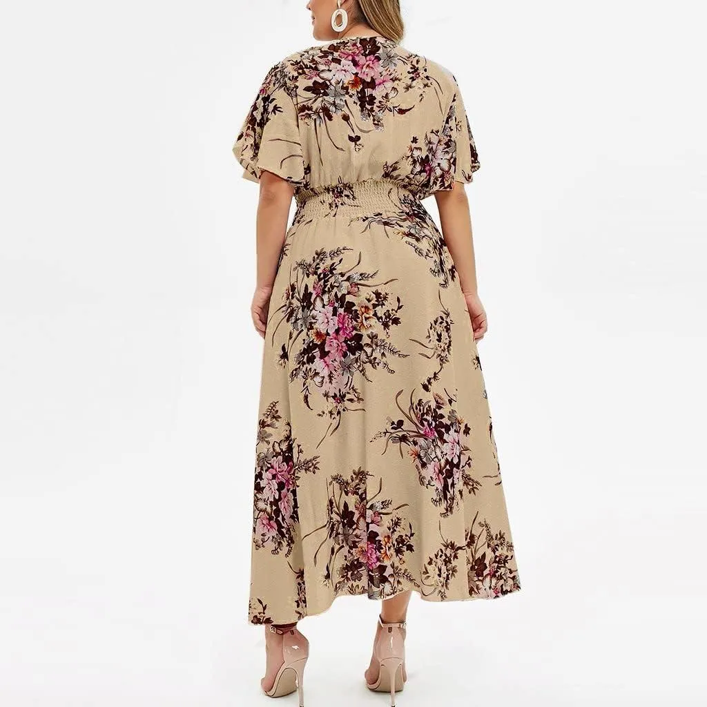 Plus Size Summer Dresses for Curvy Women Maxi Casual Chiffon Dress Flowy Long Boho Sundresses Sexy V Neck Wrap Dress