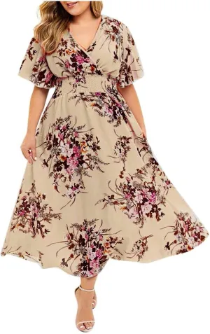 Plus Size Summer Dresses for Curvy Women Maxi Casual Chiffon Dress Flowy Long Boho Sundresses Sexy V Neck Wrap Dress