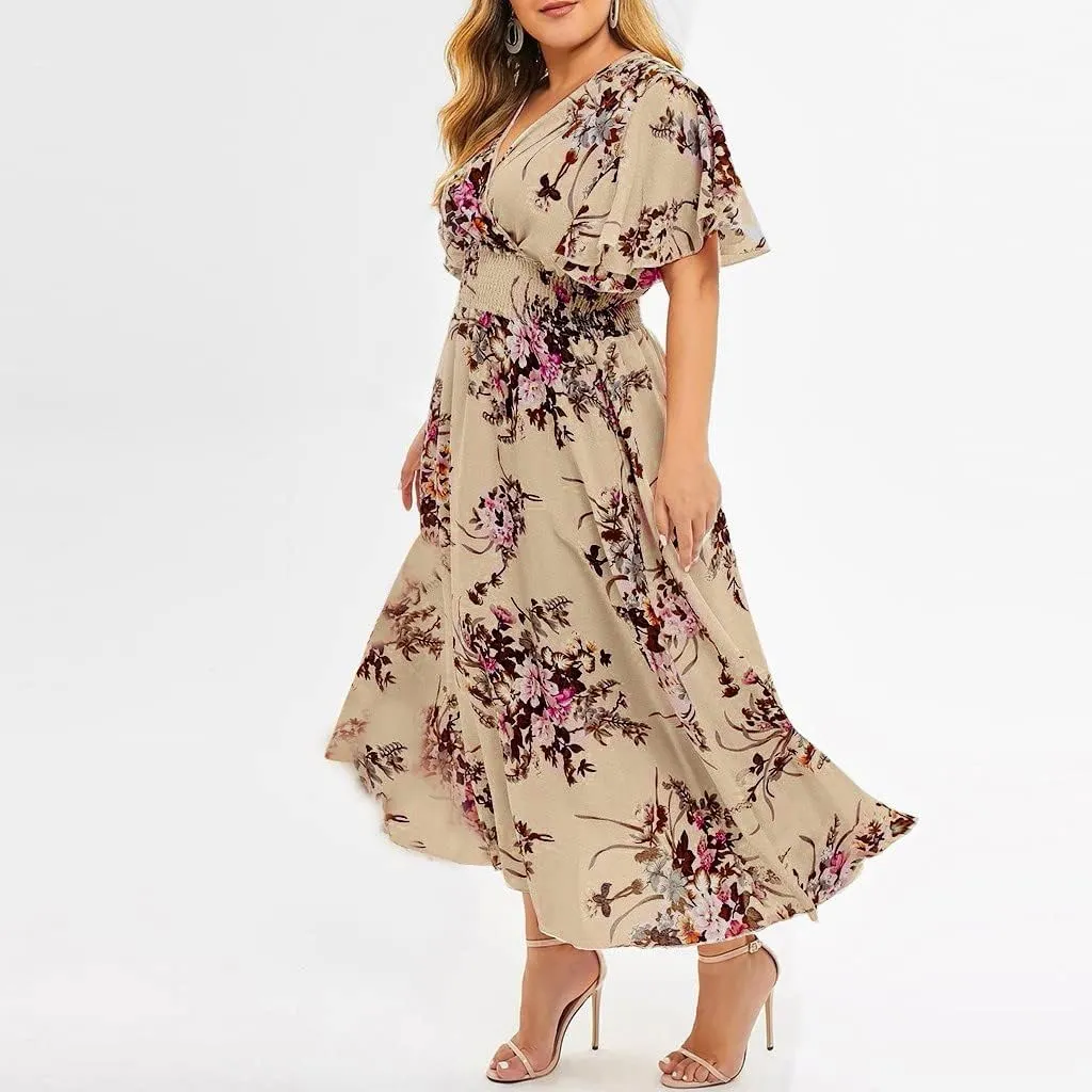 Plus Size Summer Dresses for Curvy Women Maxi Casual Chiffon Dress Flowy Long Boho Sundresses Sexy V Neck Wrap Dress