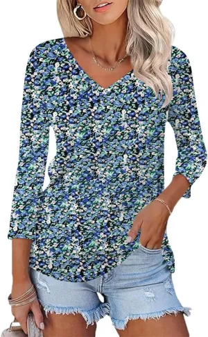 Poetsky Womens 3/4 Sleeve V Neck T Shirts Summer Casual Tops Basic Tees