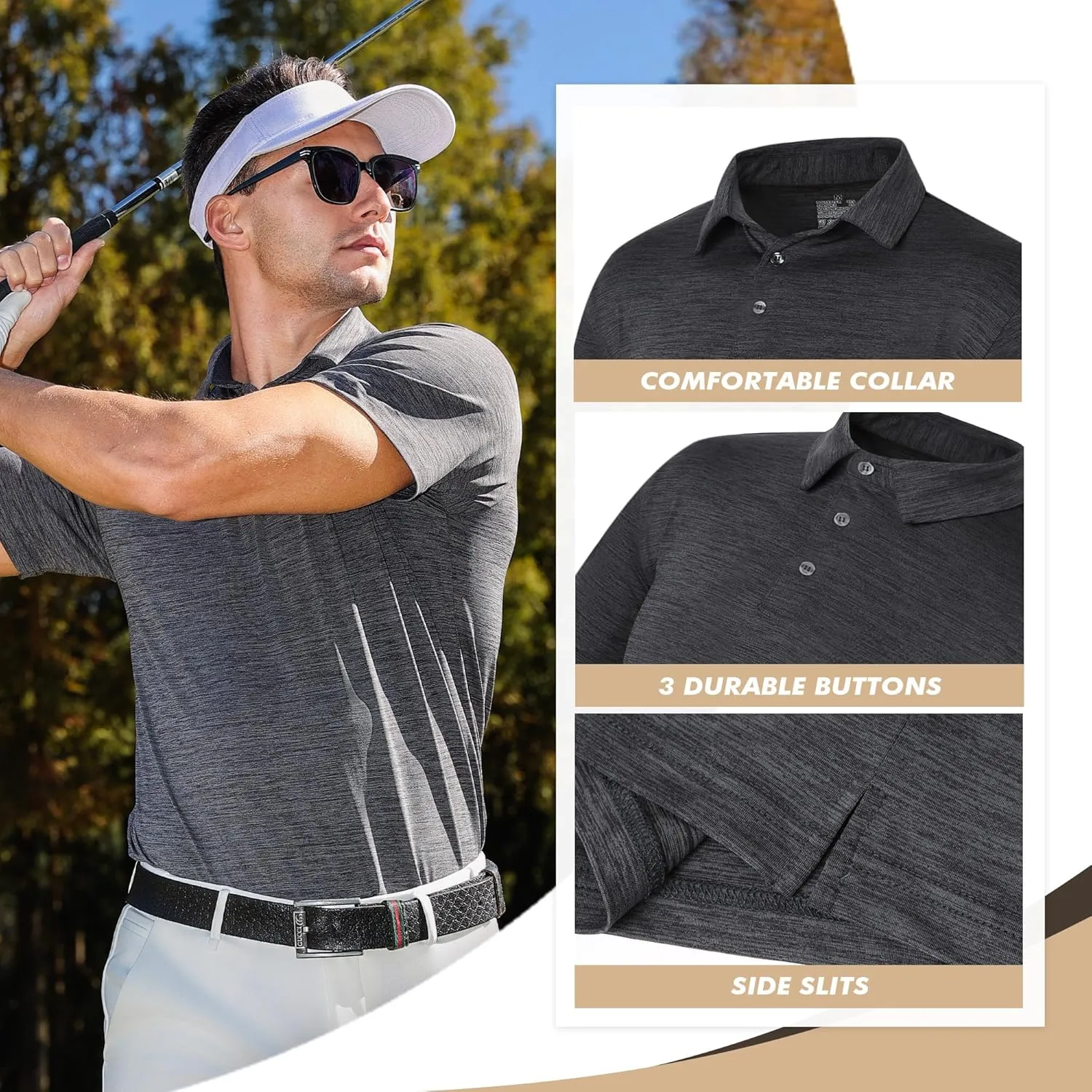 Polo Shirts for Men - Quick Dry Moisture Wicking Black Short Sleeve Performance Golf T Shirts for Casual Work Athletic