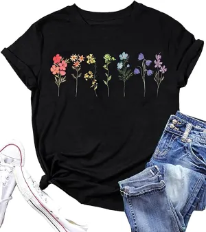 Pride Tshirt for Women Wildflowers Rainbow Shirt Floral LGBTQ T-Shirt Vintage Boho Flowers Graphic Tees Tops