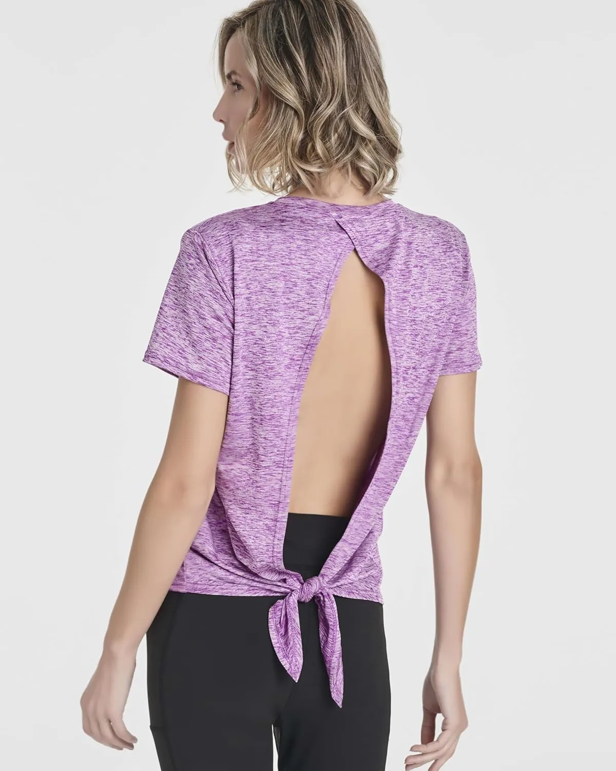 Real Essentials 5 Pack: Women's Short Sleeve Open Back Tie Back Dry-Fit T-Shirt Yoga Gym Workout Top