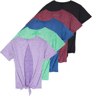 Real Essentials 5 Pack: Women's Short Sleeve Open Back Tie Back Dry-Fit T-Shirt Yoga Gym Workout Top