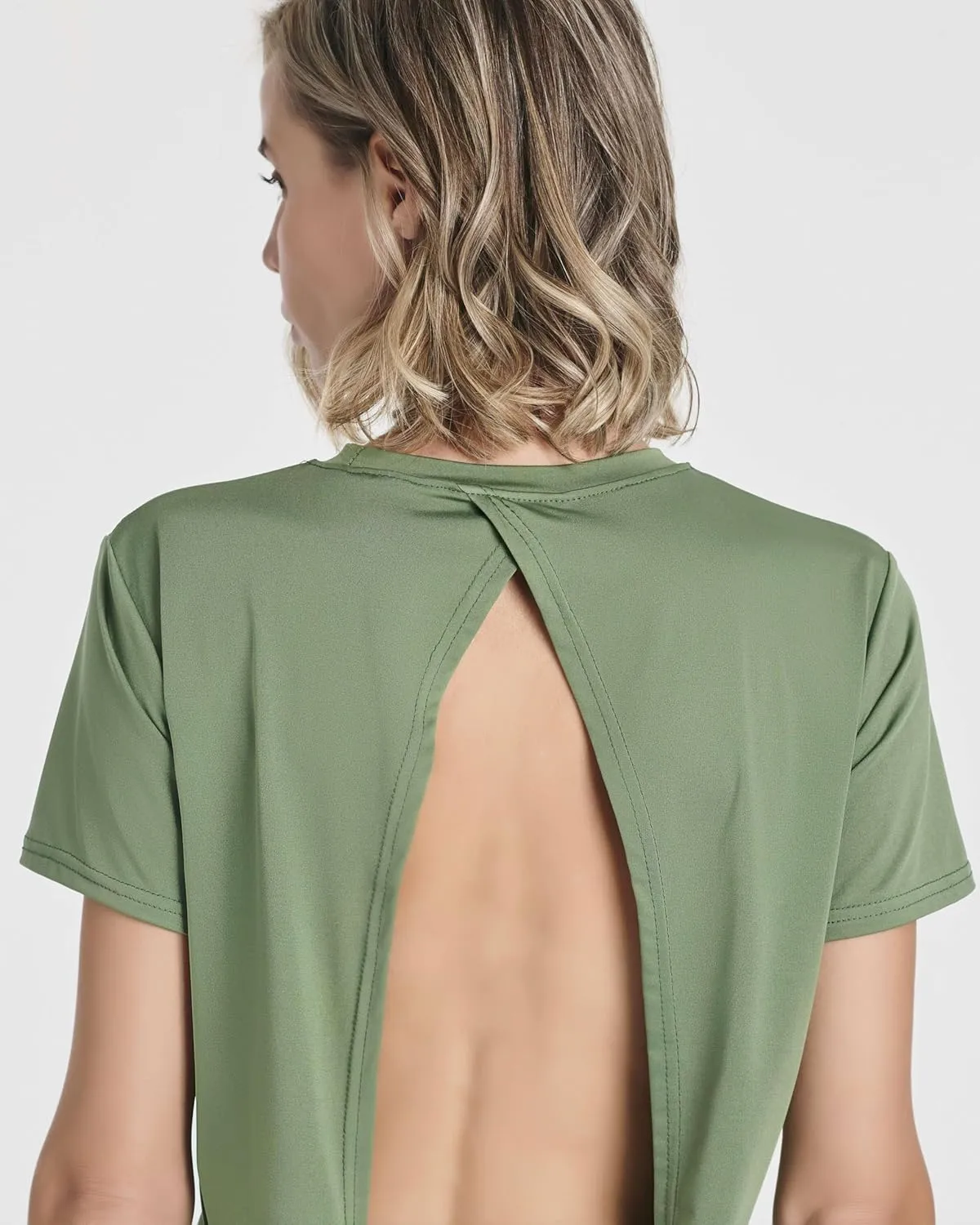 Real Essentials 5 Pack: Women's Short Sleeve Open Back Tie Back Dry-Fit T-Shirt Yoga Gym Workout Top