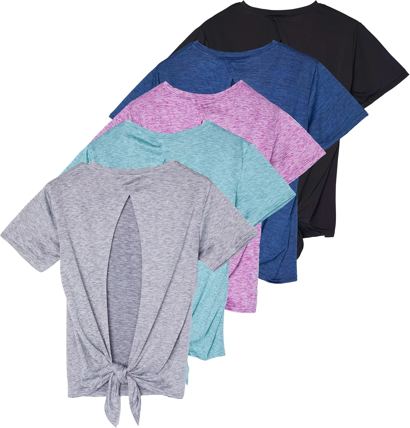 Real Essentials 5 Pack: Women's Short Sleeve Open Back Tie Back Dry-Fit T-Shirt Yoga Gym Workout Top