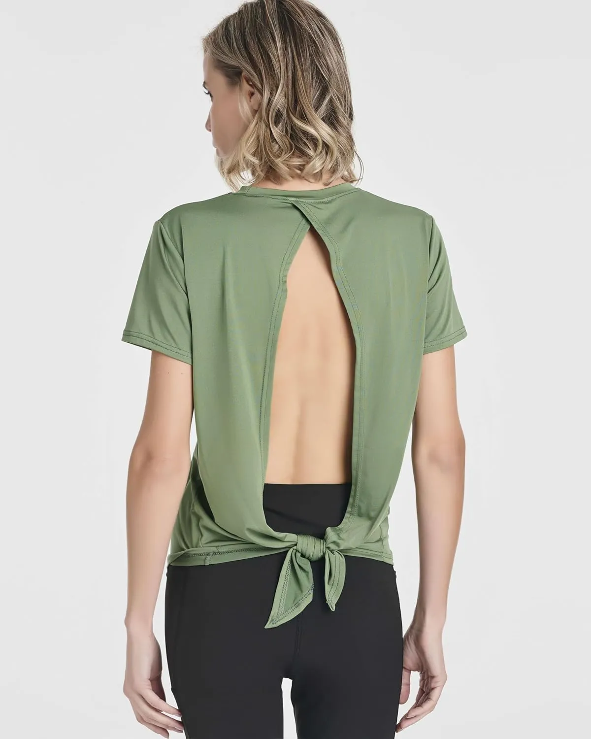 Real Essentials 5 Pack: Women's Short Sleeve Open Back Tie Back Dry-Fit T-Shirt Yoga Gym Workout Top