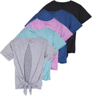 Real Essentials 5 Pack: Women's Short Sleeve Open Back Tie Back Dry-Fit T-Shirt Yoga Gym Workout Top
