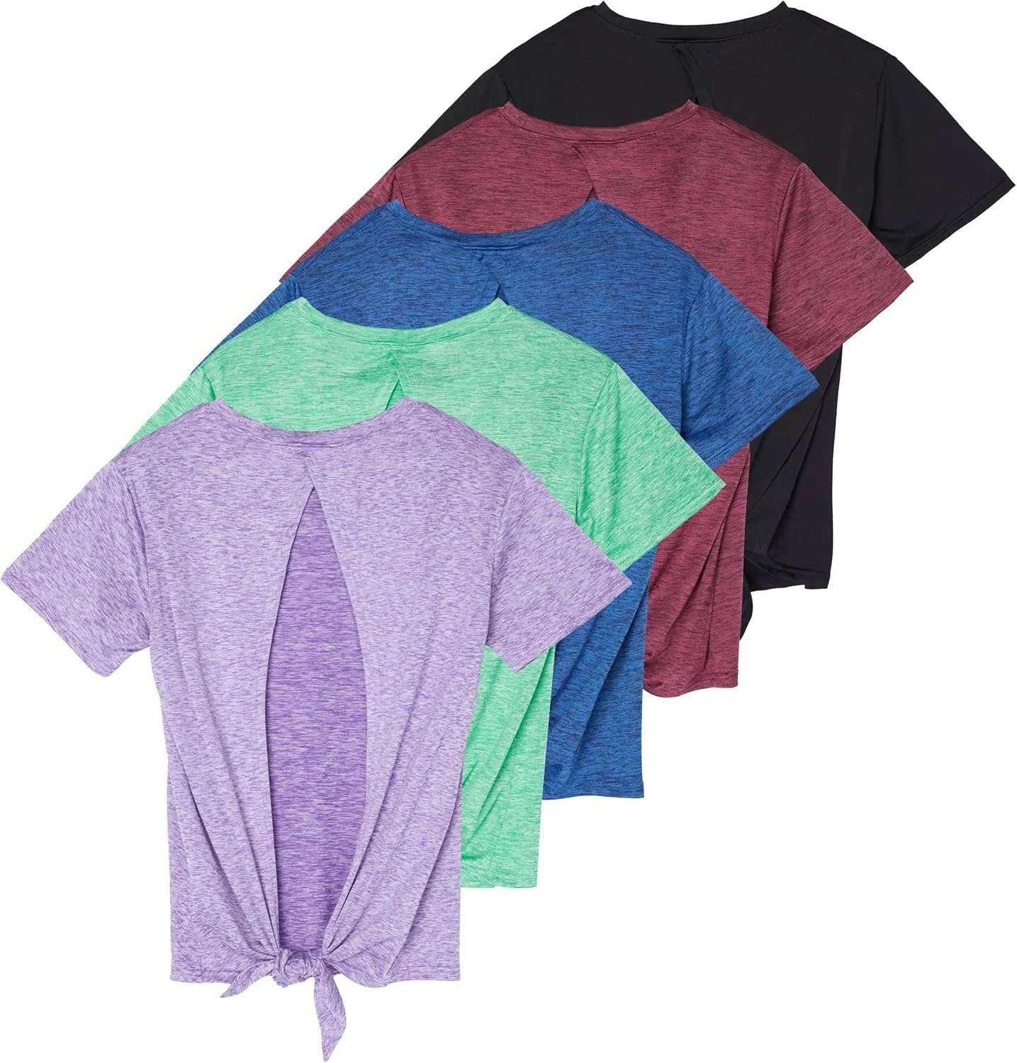 Real Essentials 5 Pack: Women's Short Sleeve Open Back Tie Back Dry-Fit T-Shirt Yoga Gym Workout Top