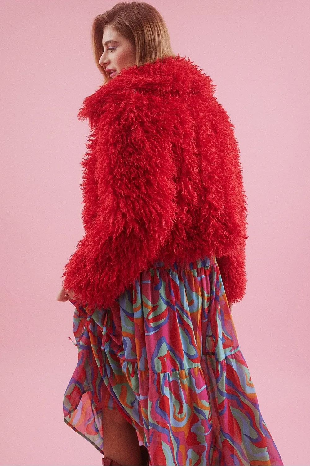 Red Bamboo Lyocell Knitted Vegan Faux Shearling Jacke