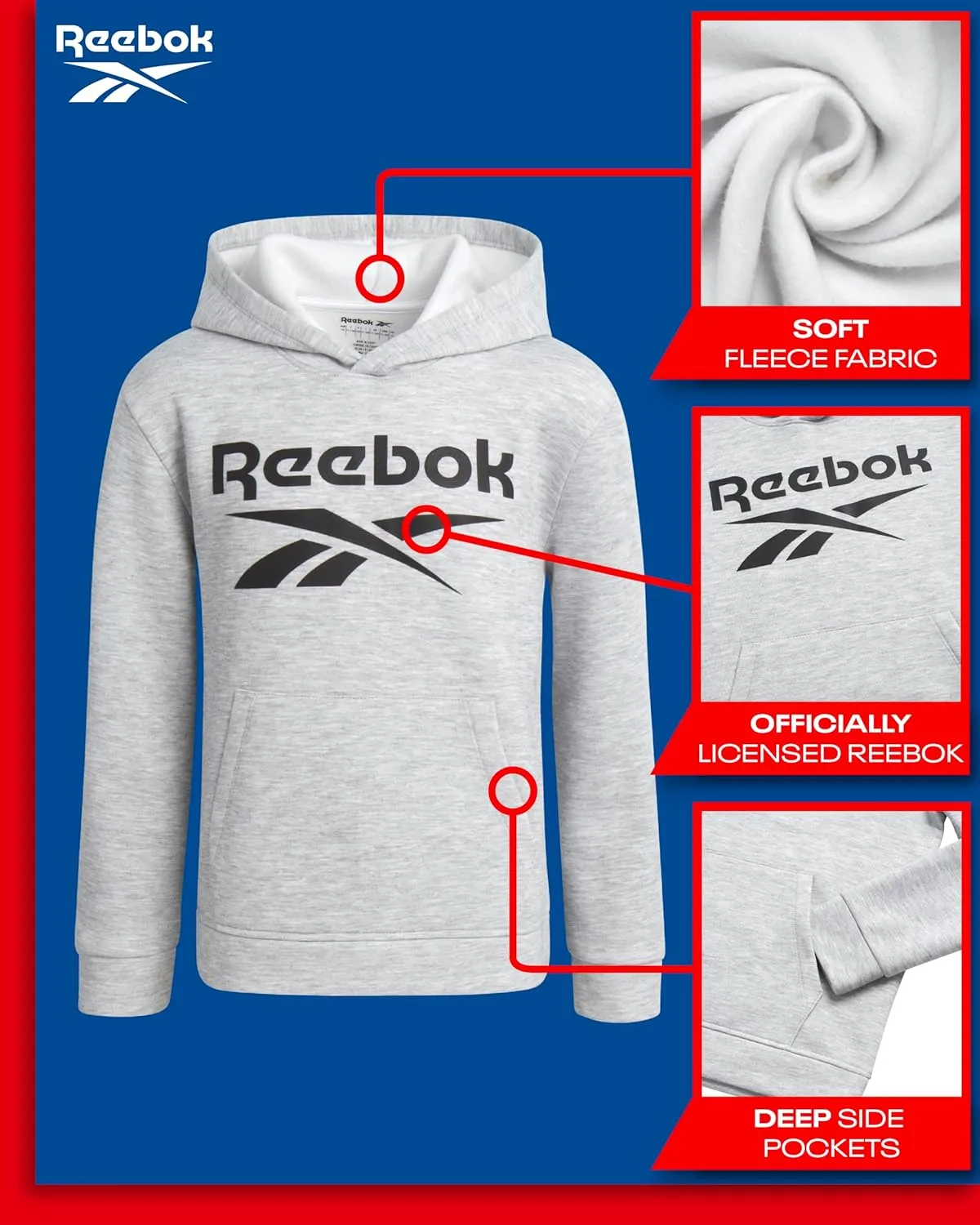 Reebok Boys' Active Sweatshirt - Fleece Pullover Hoodie Sweathsirt - Performance Activewear Sweatshirt for Boys (8-14)