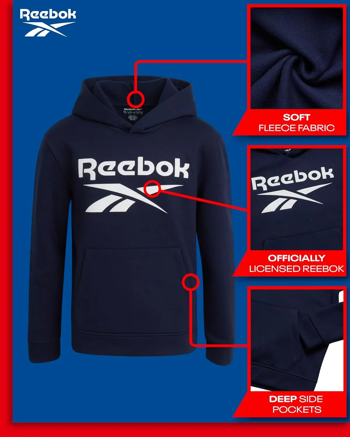 Reebok Boys' Active Sweatshirt - Fleece Pullover Hoodie Sweathsirt - Performance Activewear Sweatshirt for Boys (8-14)