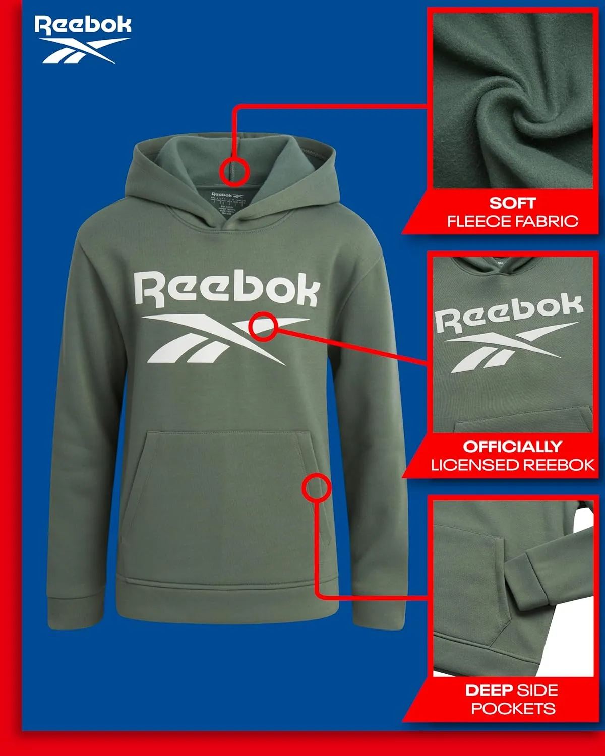 Reebok Boys' Active Sweatshirt - Fleece Pullover Hoodie Sweathsirt - Performance Activewear Sweatshirt for Boys (8-14)