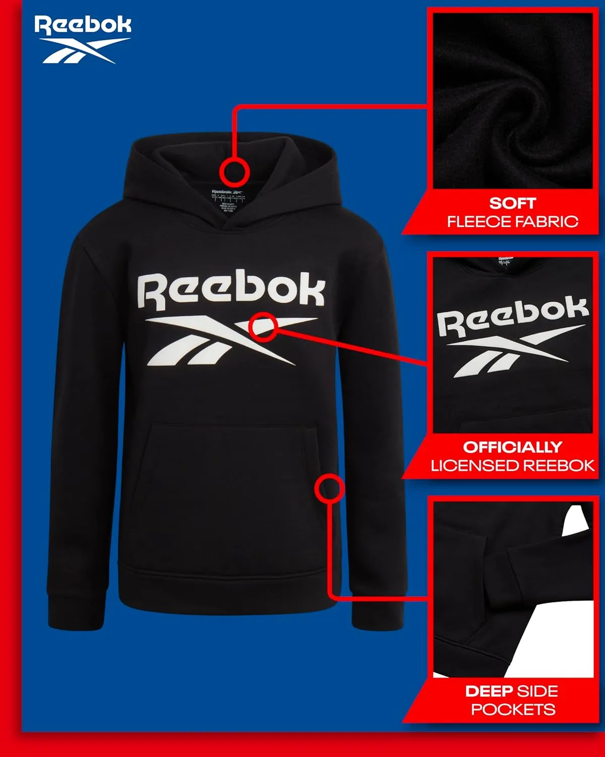 Reebok Boys' Active Sweatshirt - Fleece Pullover Hoodie Sweathsirt - Performance Activewear Sweatshirt for Boys (8-14)