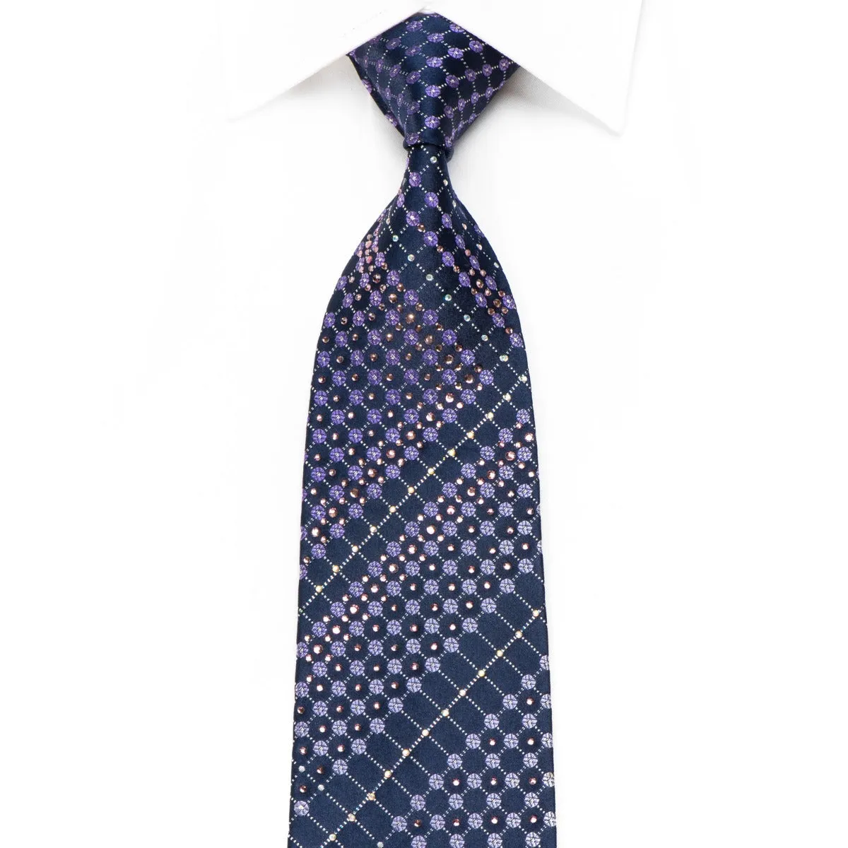 Renoma Men's Crystal Rhinestone Silk Necktie Geometric Trellis On Blue With Sparkles