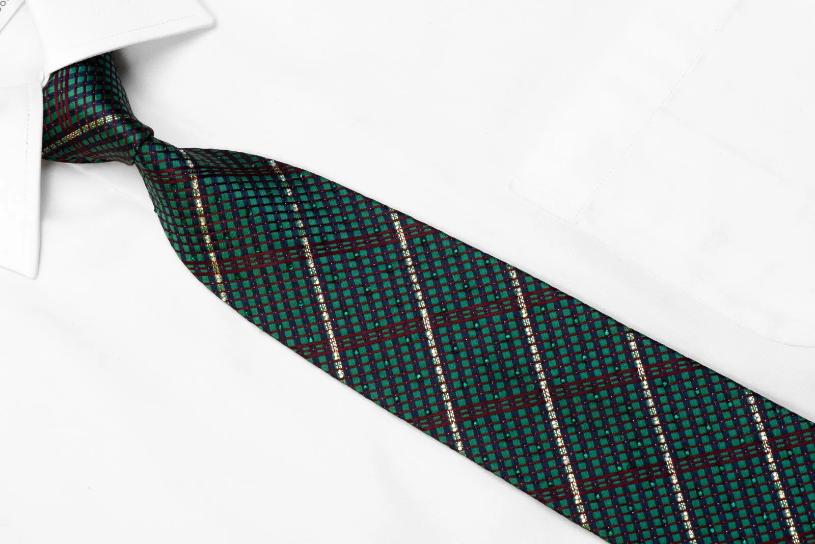 Renoma Rhinestone Silk Necktie Rhinestone Stripes On Green Burgundy Navy