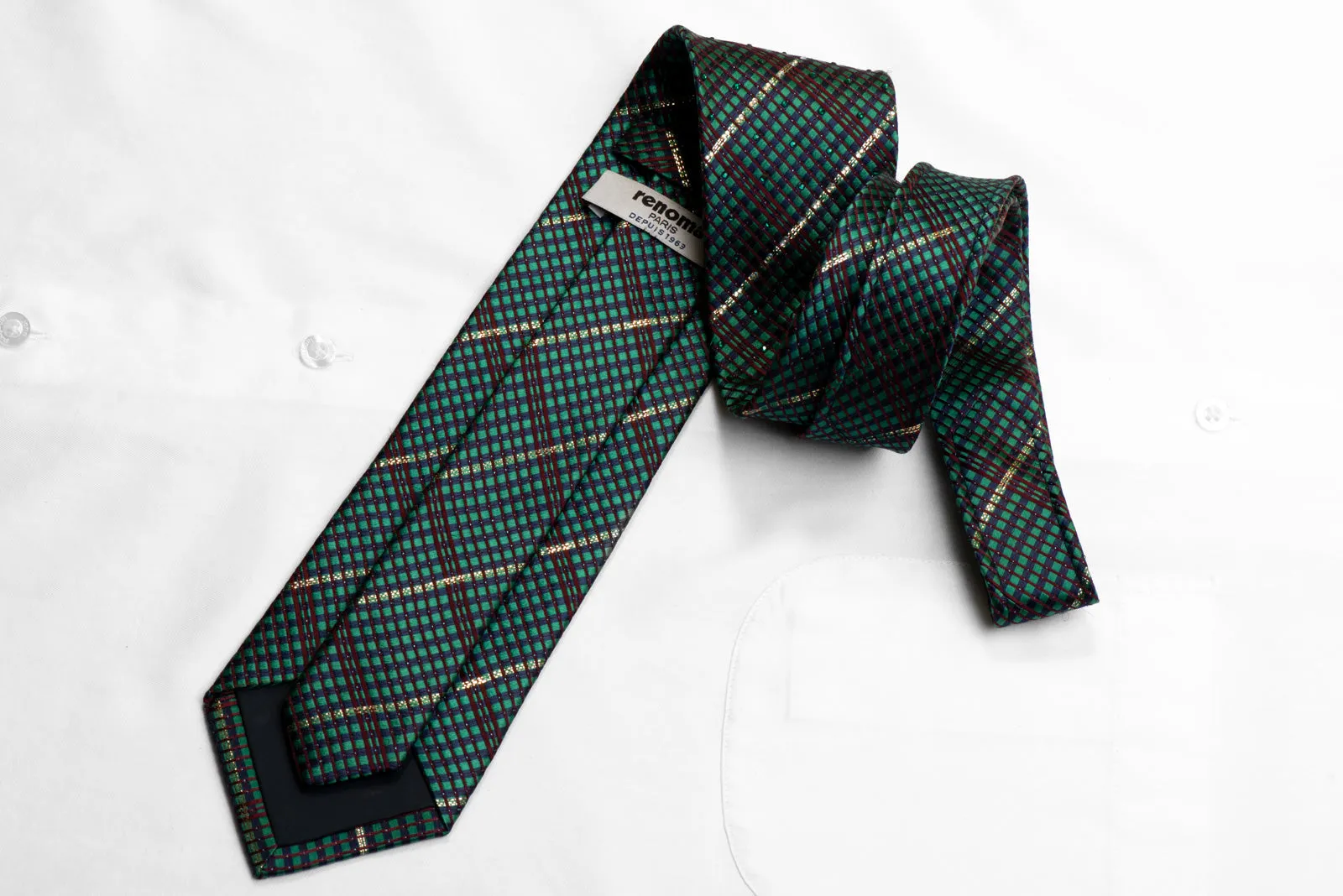 Renoma Rhinestone Silk Necktie Rhinestone Stripes On Green Burgundy Navy