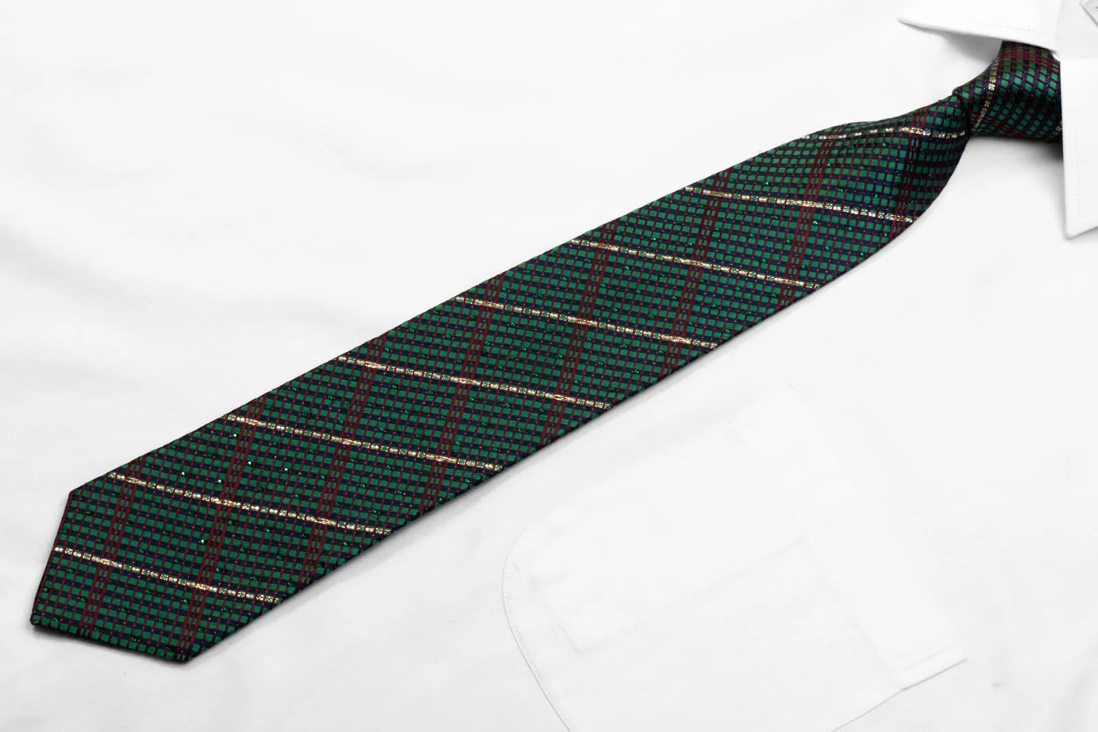 Renoma Rhinestone Silk Necktie Rhinestone Stripes On Green Burgundy Navy