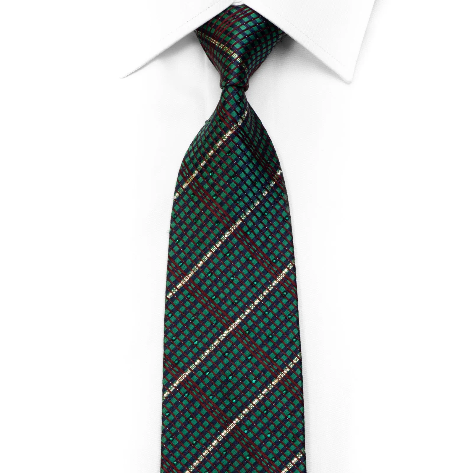 Renoma Rhinestone Silk Necktie Rhinestone Stripes On Green Burgundy Navy