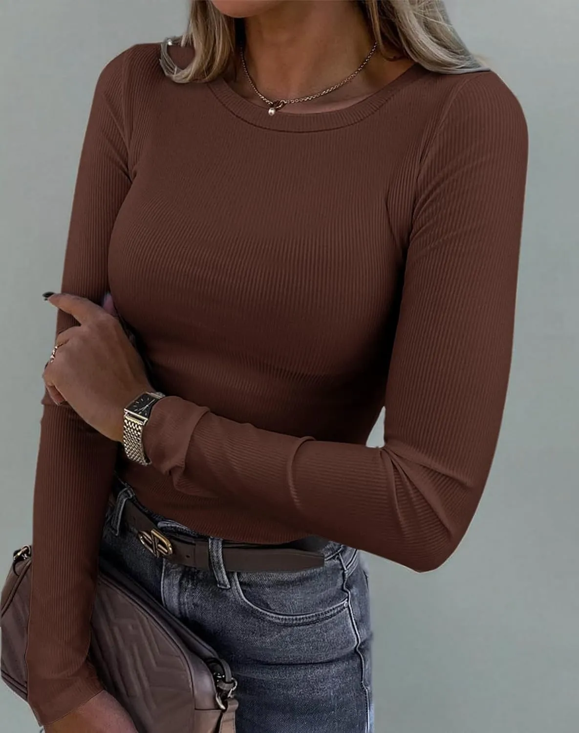 Roselux Womens Long Sleeve Stretch Crewneck Ribbed T-Shirt Fitted Casual Basic Tops