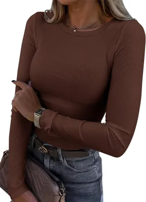 Roselux Womens Long Sleeve Stretch Crewneck Ribbed T-Shirt Fitted Casual Basic Tops