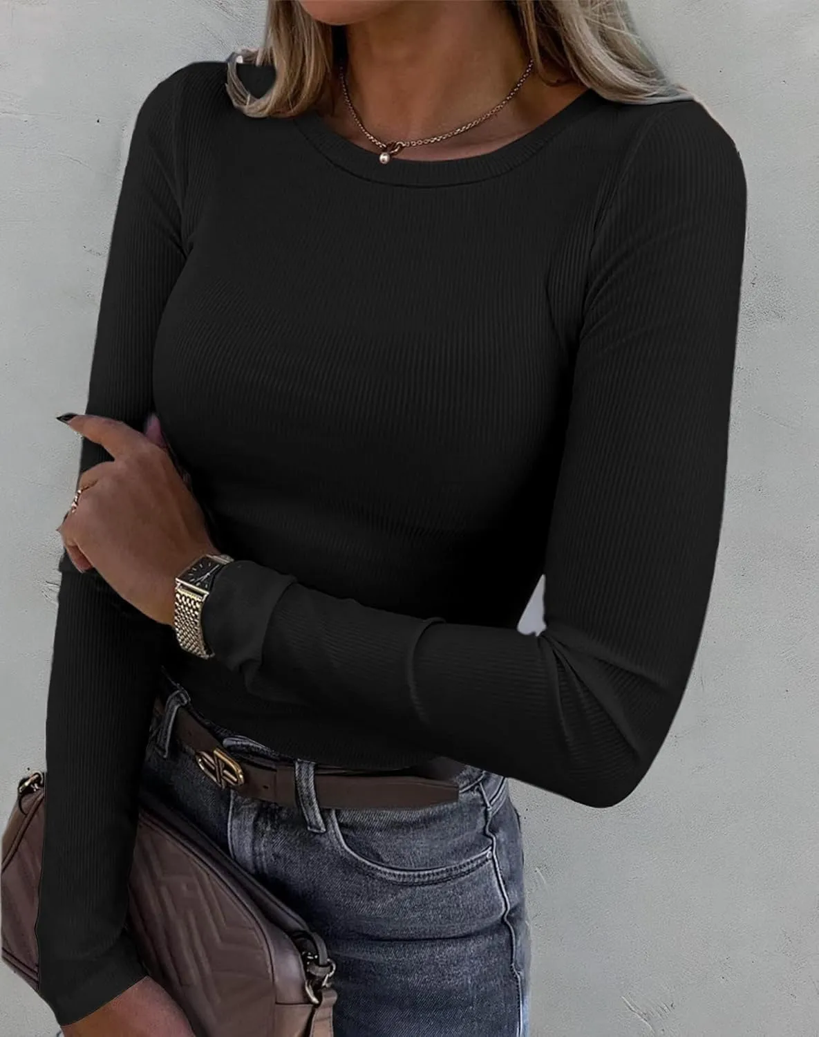 Roselux Womens Long Sleeve Stretch Crewneck Ribbed T-Shirt Fitted Casual Basic Tops