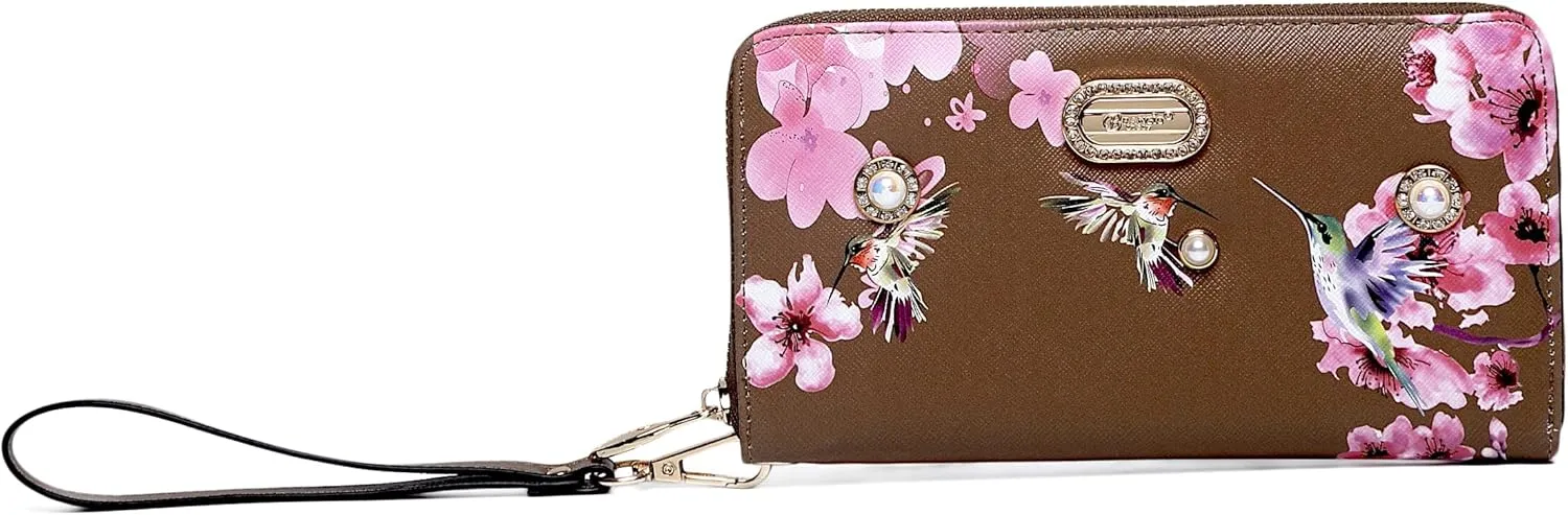 Royal Bloom Women's Zippered Wallet, Designer Wristlet with Floral Print and Crystal Embellishments (Bronze)
