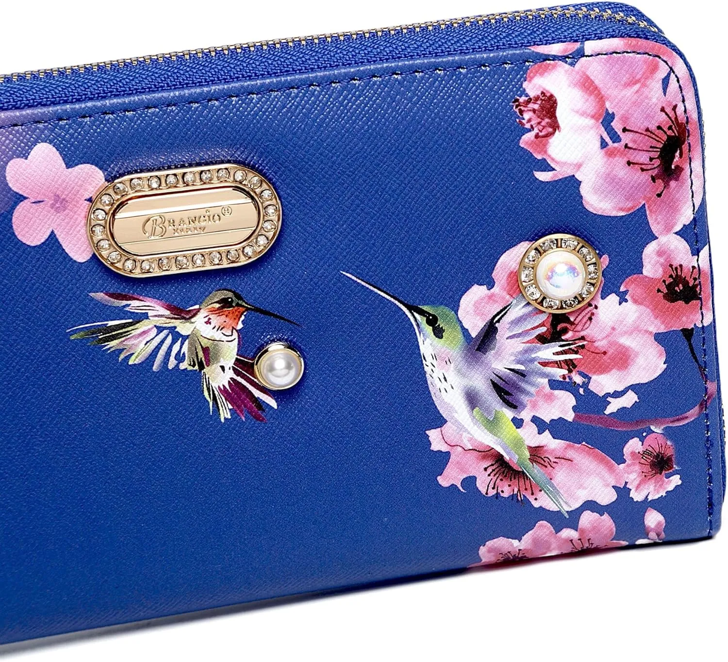 Royal Bloom Women's Zippered Wallet, Designer Wristlet with Floral Print and Crystal Embellishments (Bronze)