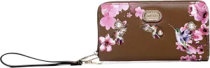 Royal Bloom Women's Zippered Wallet, Designer Wristlet with Floral Print and Crystal Embellishments (Bronze)