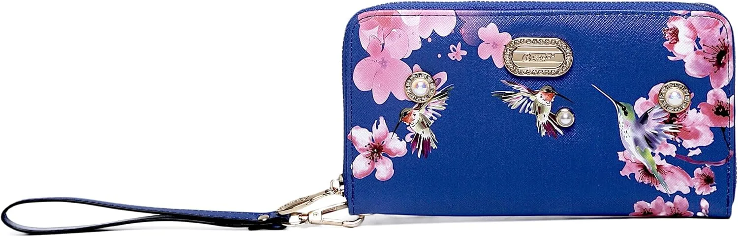 Royal Bloom Women's Zippered Wallet, Designer Wristlet with Floral Print and Crystal Embellishments (Royal Blue)