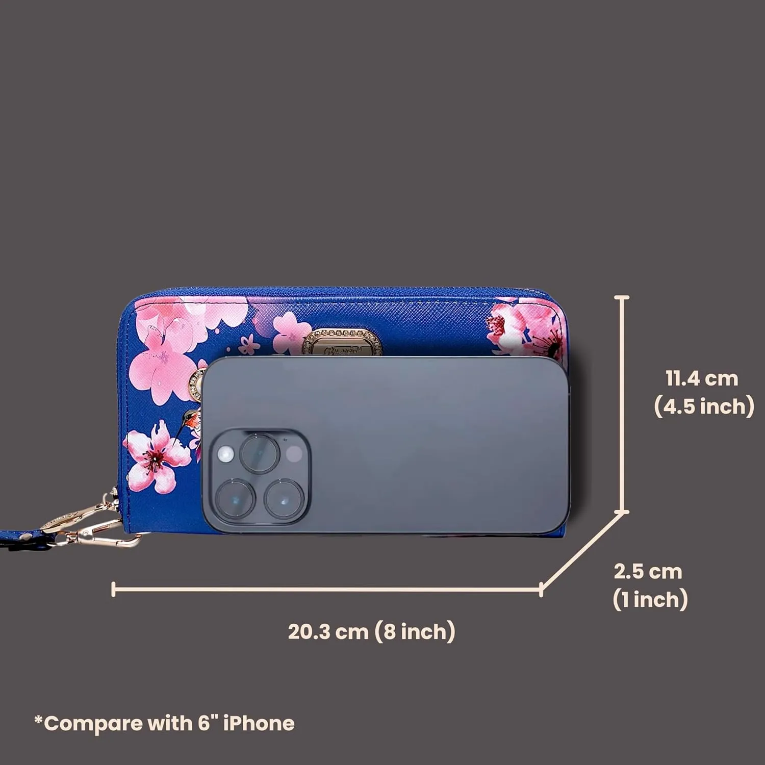 Royal Bloom Women's Zippered Wallet, Designer Wristlet with Floral Print and Crystal Embellishments (Royal Blue)