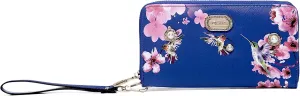 Royal Bloom Women's Zippered Wallet, Designer Wristlet with Floral Print and Crystal Embellishments (Royal Blue)