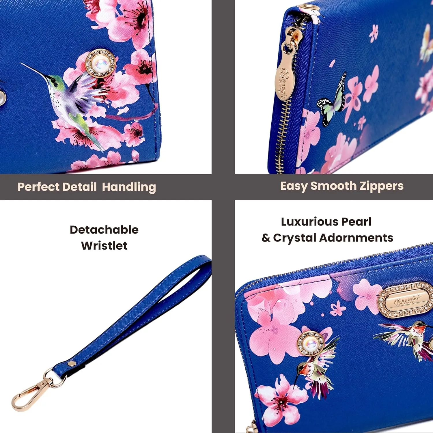 Royal Bloom Women's Zippered Wallet, Designer Wristlet with Floral Print and Crystal Embellishments (Royal Blue)
